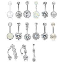 Stainless Steel Belly Ring, 304 Stainless Steel, polished, 15 pieces & Unisex & with rhinestone, silver color 5/8mm 