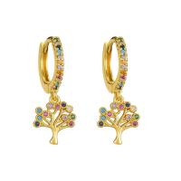 Huggie Hoop Drop Earring, laiton, Arbre de vie, Placage de couleur d'or, styles différents pour le choix & pavé de micro zircon & pour femme, multicolore, Vendu par paire