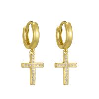 Cubic Zirconia Micro Pave Brass Earring, with turquoise, Cross, gold color plated, micro pave cubic zirconia & for woman 31mm 