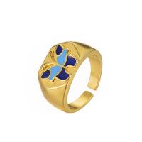 Brass Finger Ring, gold color plated, Adjustable & butterfly design & for woman & enamel 20mm 