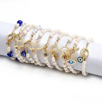 Evil Eye Jewelry Bracelet, Plastic Pearl, with Lampwork & Brass, gold color plated, for woman & enamel & with rhinestone 
