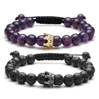 Gemstone Bracelets, Lava, with Polyester Cord & Amethyst & Brass, Crown, plated & Unisex & with rhinestone 8mm .5 Inch 