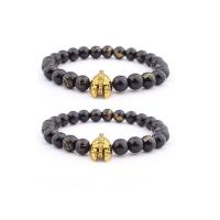 Glass Jewelry Beads Bracelets, Glass Beads, with Zinc Alloy, Mask, gold color plated, elastic & Unisex, black, 8mm .5 Inch 