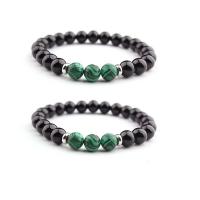 Gemstone Bracelets, Obsidian, with Malachite & Zinc Alloy, Round, silver color plated, elastic & Unisex, mixed colors, 8mm .5 Inch 