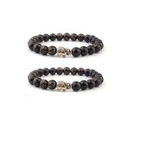 Glass Jewelry Beads Bracelets, Glass Beads, with Zinc Alloy, Elephant, silver color plated, elastic & Unisex, black, 8mm .5 Inch 
