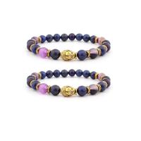 Gemstone Bracelets, Lapis Lazuli, with Purple Chalcedony & Zinc Alloy, Buddha, gold color plated, elastic & Unisex, mixed colors, 8mm .5 Inch 