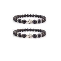 Glass Jewelry Beads Bracelets, Glass Beads, with Zinc Alloy, Buddha, silver color plated, elastic & Unisex, black, 8mm .5 Inch 