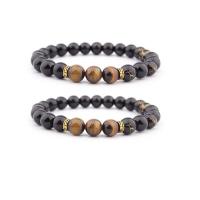 Glass Pearl Jewelry Bracelets, Glass Beads, with Tiger Eye & Zinc Alloy, Round, gold color plated, elastic & Unisex, mixed colors, 8mm 