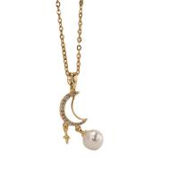 Titanium Steel Jewelry Necklace, with Plastic Pearl, with 1.97 extender chain, Moon, gold color plated, for woman & with rhinestone, gold .75 Inch 