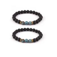 Lava Bead Bracelet, with Synthetic Malachite & Zinc Alloy, Round, gold color plated, elastic & Unisex, black, 8mm .5 Inch 