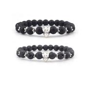 Gemstone Bracelets, Abrazine Stone, with Lava & Zinc Alloy, Skull, silver color plated, elastic & Unisex black, 8mm .5 