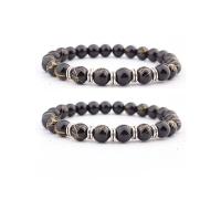 Glass Pearl Jewelry Bracelets, Glass Beads, with Zinc Alloy, Round, silver color plated, elastic & Unisex, black, 8mm .5 Inch 