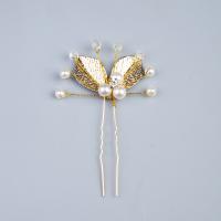 Hair Stick, Iron, with Crystal & Plastic Pearl, for woman, golden 