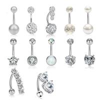 Stainless Steel Belly Ring, 304 Stainless Steel, polished, 12 pieces & fashion jewelry & Unisex & with rhinestone, silver color 5/8mm 
