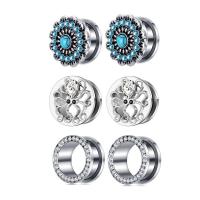 Fashion Piercing Tunnel, 304 Stainless Steel, polished, 6 pieces & fashion jewelry & with rhinestone, silver color [