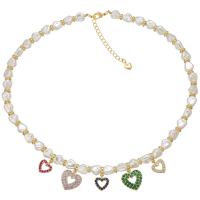 Freshwater Pearl Brass Necklace, with Freshwater Pearl, Heart, gold color plated, micro pave cubic zirconia & for woman, multi-colored, 455mm 