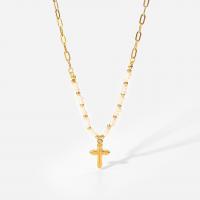 Stainless Steel Jewelry Necklace, 304 Stainless Steel, with Freshwater Pearl, with 60mm extender chain, Cross, Vacuum Ion Plating, for woman, golden Approx 390 mm 
