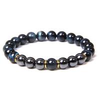 Gemstone Bracelets, Tiger Eye, with Non Magnetic Hematite & Zinc Alloy, Round, gold color plated, elastic & Unisex 8mm .5 Inch 