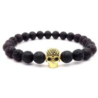 Lava Bead Bracelet, with Brass, Skull, plated, elastic & Unisex & micro pave cubic zirconia 8mm .5 Inch 
