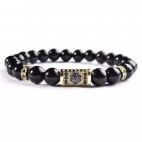 Black Stone Bracelet, with Brass, plated, elastic & Unisex & micro pave cubic zirconia 8mm .5 Inch 