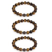 Tiger Eye Stone Bracelets, with Zinc Alloy, Round, silver color plated, elastic & Unisex, mixed colors, 10mm .5 Inch 