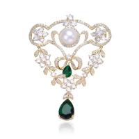 Cubic Zirconia Brooch, Brass, with Plastic Pearl, real gold plated, vintage & micro pave cubic zirconia & for woman, green 
