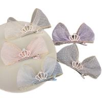 Cloth Bowkont Hair Clip, with Zinc Alloy, Bowknot, for children & with rhinestone 90mm 