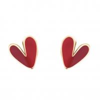 Brass Stud Earring, Heart, gold color plated, for woman & enamel, red 