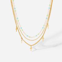 Fashion Multi Layer Necklace, 304 Stainless Steel, with 5cm extender chain, Cross, Vacuum Ion Plating, three layers & for woman, golden, 90mm Approx 39 cm 