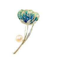 Cubic Zirconia Brooch, Brass, with Freshwater Pearl, Lotus, gold color plated, Hand-Painted Enamel Glaze & micro pave cubic zirconia & for woman 