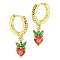 Huggie Hoop Drop Earring, laiton, fraise, couleur de haute qualité d'or plaqué, pavé de micro zircon & pour femme, rouge, 25mm, Vendu par paire