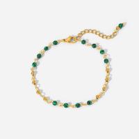 Malachite Bracelets, 304 Stainless Steel, with Malachite, with 3.9cm extender chain, Vacuum Ion Plating, for woman, golden, 0.3cm,0.2cm Approx 16.5 cm 