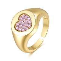 Cubic Zirconia Micro Pave Brass Finger Ring, gold color plated, Adjustable & with heart pattern & micro pave cubic zirconia & for woman 