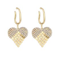Rhinestone Brass Drop Earring, Heart, gold color plated, for woman & with rhinestone 