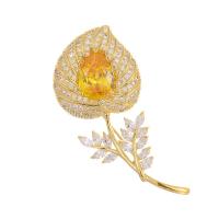 Cubic Zirconia Brooch, Brass, Flower, gold color plated, fashion jewelry & micro pave cubic zirconia & for woman, golden 