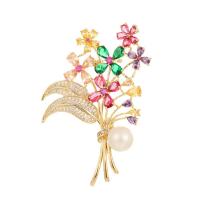 Cubic Zirconia Brooch, Brass, with Plastic Pearl, Bouquet, gold color plated, fashion jewelry & micro pave cubic zirconia & for woman, mixed colors 