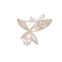 Cubic Zirconia Brooch, Brass, with White Shell & Plastic Pearl, Butterfly, gold color plated, fashion jewelry & micro pave cubic zirconia & for woman, golden 