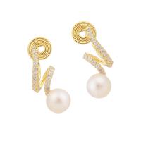 Freshwater Pearl Brass Earring, with Freshwater Pearl, gold color plated & micro pave cubic zirconia & for woman 