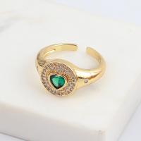 Cubic Zirconia Micro Pave Brass Finger Ring, Heart, real gold plated, Adjustable & micro pave cubic zirconia & for woman, green 