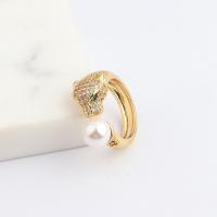 Cubic Zirconia Micro Pave Brass Finger Ring, real gold plated, Adjustable & micro pave cubic zirconia & for woman & with plastic pearl 