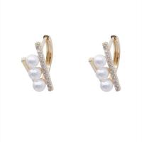 Brass Huggie Hoop Earring, with Plastic Pearl, Geometrical Pattern, gold color plated, micro pave cubic zirconia & for woman 