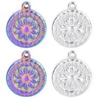 Stainless Steel Pendants, 304 Stainless Steel, Flat Round, Vacuum Ion Plating, Unisex & with flower pattern Approx 50 cm 