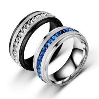 Rhinestone Stainless Steel Finger Ring, 201 Stainless Steel, Vacuum Ion Plating & for man & with rhinestone 8mm 
