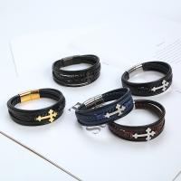 PU Leather Cord Bracelets, with Titanium Steel, Cross, plated, vintage & multilayer & for man .5 cm 
