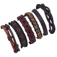 Cowhide Bracelet Set, with PU Leather & Wax Cord, with 8-9cm*2 extender chain, knit, 6 pieces & vintage & Adjustable cm 