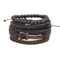 Cowhide Bracelet Set, with Linen & PU Leather & Wood & Zinc Alloy, with 8-9cm*2 extender chain, knit, vintage & 4 pieces & Adjustable & for man, black cm 