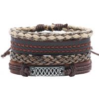 Cowhide Bracelet Set, with Linen & Wax Cord & Zinc Alloy, with 8-9cm*2 extender chain, knit, vintage & 4 pieces & Adjustable & for man, brown cm 