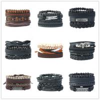 Full Grain Cowhide Leather Bracelet Set, with Linen & Wax Cord & Wood & Zinc Alloy, with 8-9cm*2 extender chain, plated, vintage & 4 pieces & Adjustable cm 