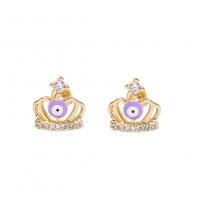 Evil Eye Earrings, Brass, Crown, gold color plated, evil eye pattern & micro pave cubic zirconia & for woman & enamel 