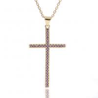 Cubic Zircon Micro Pave Brass Necklace, Cross, gold color plated, for woman & with cubic zirconia Approx 17.7 Inch 